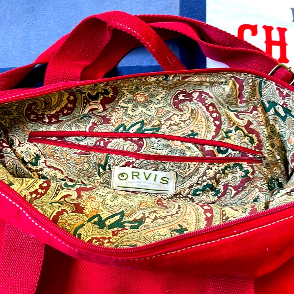 Vintage Orvis Canvas Weekender Bag. Red w/strap. Genuine leather trim.